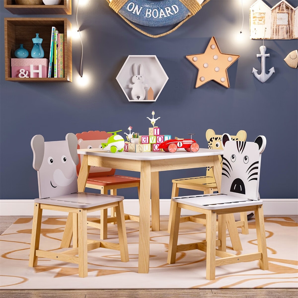 Merax 5 Piece Kids Wood Table and Chair Set with Cartoon Animals Decoration - Natural+White