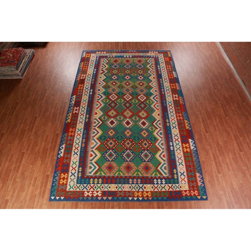 Geometric Kilim Oriental Large Rug Living Room Hand-Woven Wool Carpet - 10'2"x 16'3"
