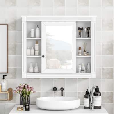 35'' x 28'' Versatile Storage Solution Wall Mounted Bathroom Cabinet with Vintage Handle, Mirror and 6 Open Shelves, White