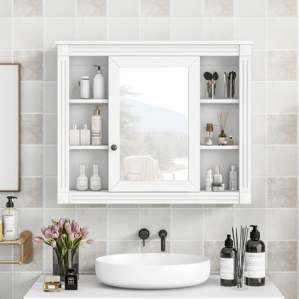 Anmytek 35 x 28 Inch Wall Mounted Bathroom Storage Cabinet with Mirror and 6 Open Shelves Medicine Cabinet