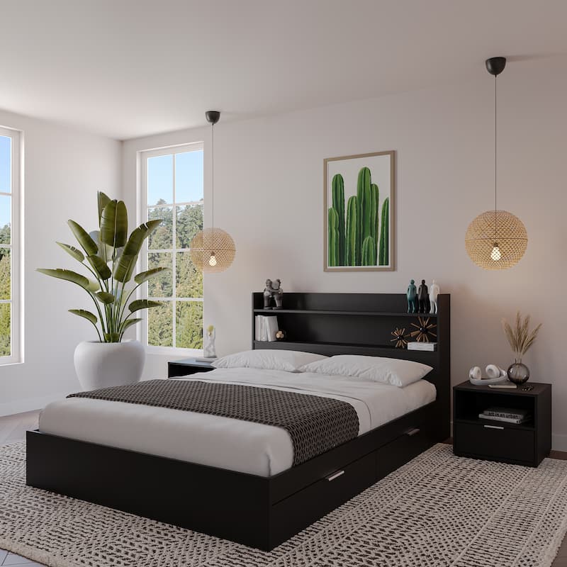 Hunter Platform Bed With Headboard And 2 Nightstands - Black - Queen