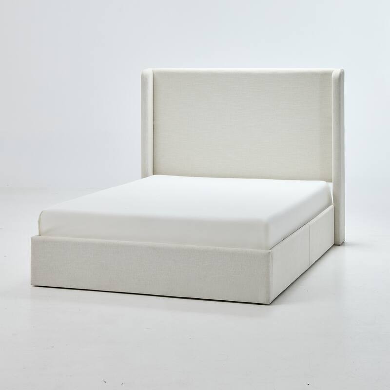 Tall Headboard Wingback Upholstered Platform Bed Frame Elegant Textured for Bedroom Strong Wood Slats Support