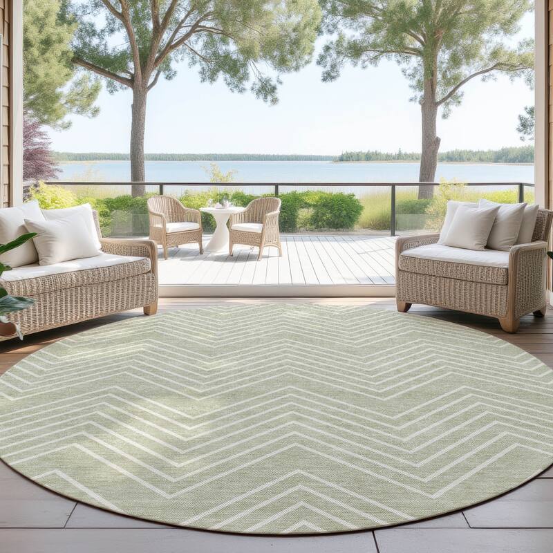 Machine Washable Indoor/ Outdoor Modern Chevron Chantille Rug - Celery - 8' x 8'