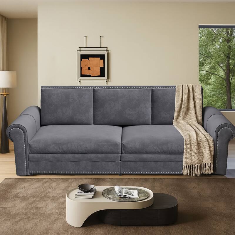 Classic Elegant Convertible Upholstered Sofa Sleeper Sofa with Pull Out Bed - Grey Velvet
