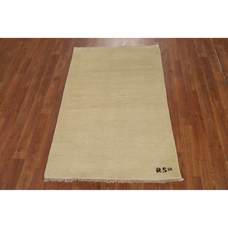 Gabbeh Modern Foyer Rug Handmade Beige Solid Wool Carpet - 2'7"x 4'0"