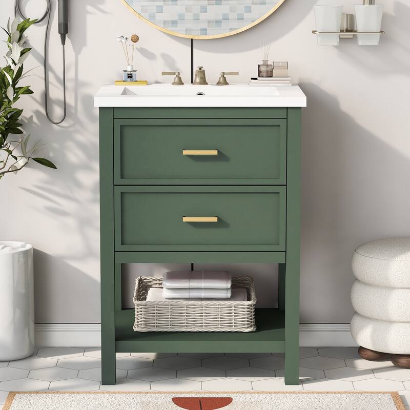 24" Compact Bathroom Vanity with Top-Mount Sink - 2-Drawer Storage Cabinet - Space-Efficient Design for Small Bathrooms