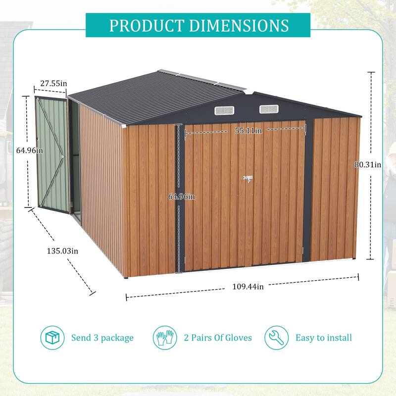 Outdoor Storage Shed 9×11 FT with 3 Lockable Doors,Utility Tool Shed Metal Storage Garden Sheds 4 Vents,Metal Sheds
