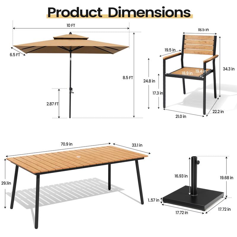 9PC Outdoor Patio Dining Set Aluminum Table with Stackable Armchairs w/ Market Umbrella Set