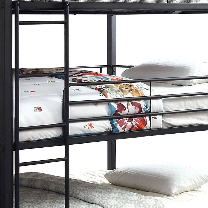 Queen Triple Bunk Bed with Ladder - Metal Frame - 2 Ladders & Guard Rails - Black Finish