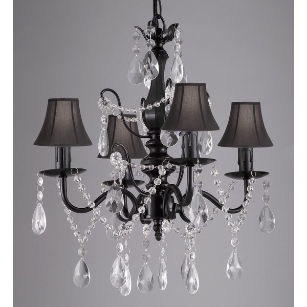 Wrought Iron and Crystal 4 Light Black Chandelier H 14" X W 15" Pendant Fixture Lighting Hardwire and Plug In with Shades