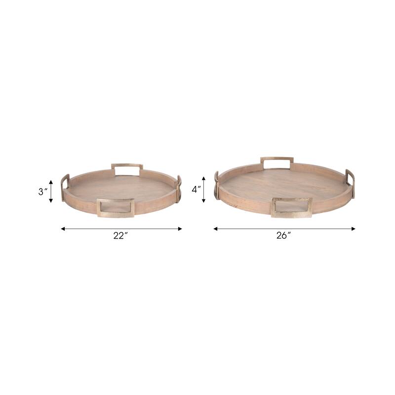 Sagebrook Home's Maxwell Round Wood Trays - Natural Mango Wood & Aluminum, Set of 2 - 26" x 26" x 4"