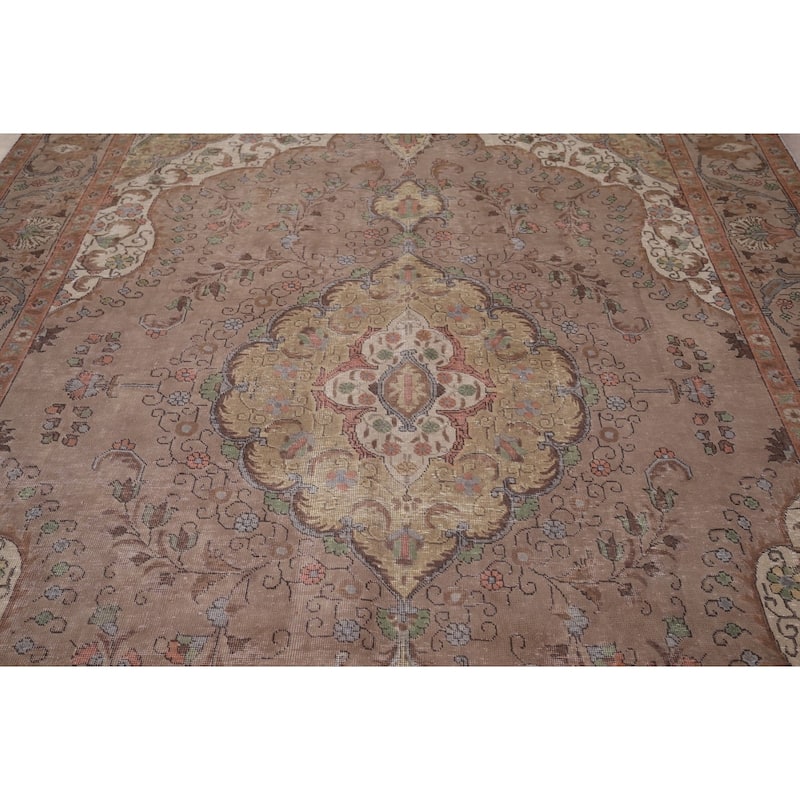 Brown Tabriz Persian Vintage Area Rug Hand-Knotted Wool Carpet - 8'0" x 10'11"