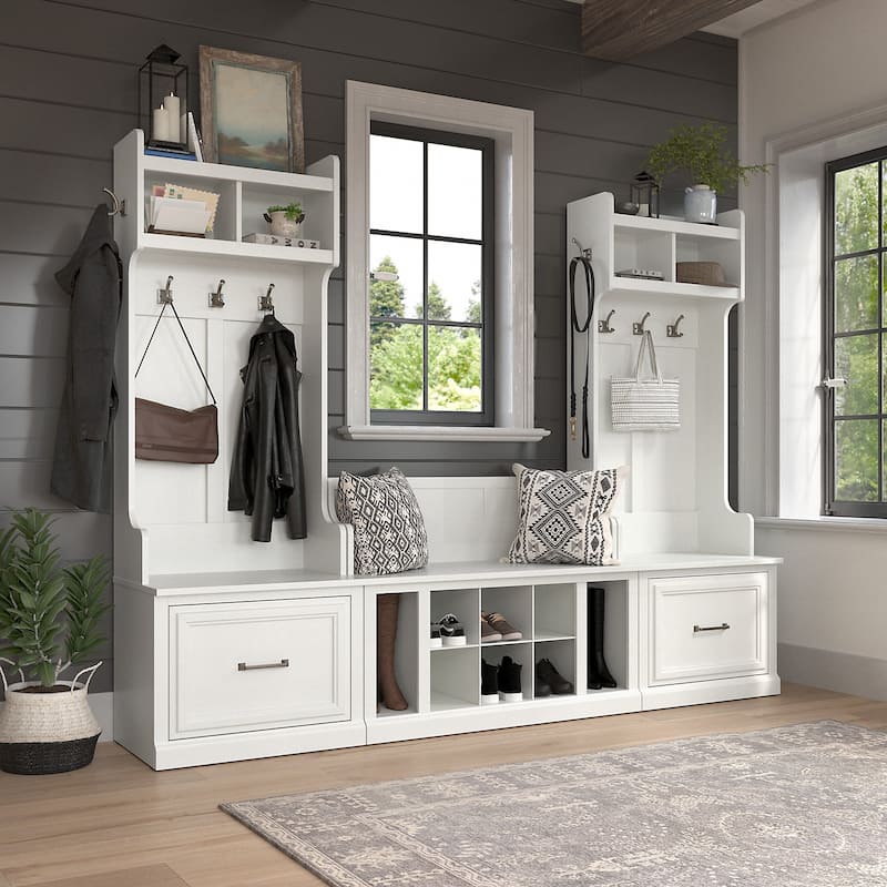 Woodland Hall Trees and Shoe Bench with Drawers by Bush Furniture - White Ash