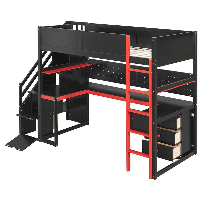Gaming Loft Bed with Desk - Full/Twin, Includes Storage Stairs, Shelves & Pegboard