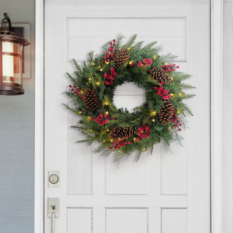 Puleo International 24" Pre-Lit Adorned Wreath Battery-Operated Warm White LED Lights - Green