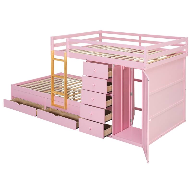 Full Size Bunk Bed with Storage - 2 Large & 5 Small Drawers, Small Wardrobe, MDF & Solid Wood