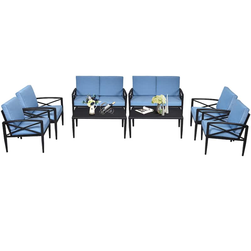 Costway 8PCS Patio Furniture Set Aluminum Frame Cushioned Sofa Chair - Black/Blue - 8-Piece Sets - Black/Blue - 8-Piece Sets