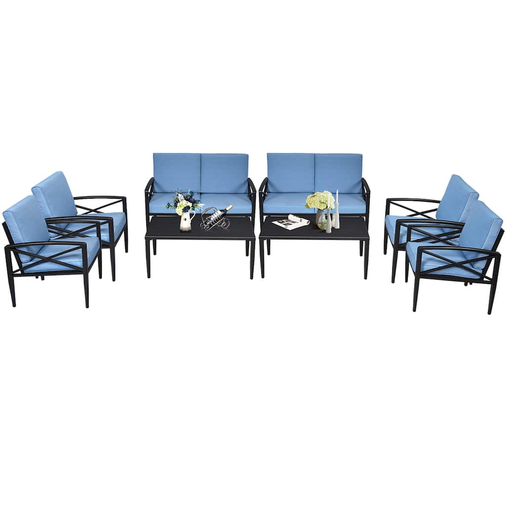 Costway 8PCS Patio Furniture Set Aluminum Frame Cushioned Sofa Chair - Black/Blue - 8-Piece Sets