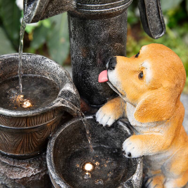 Glitzhome 23.75"H Cute Dog Playing Around the Water Pump Polyresin Outdoor Fountain with Pump and LED Light
