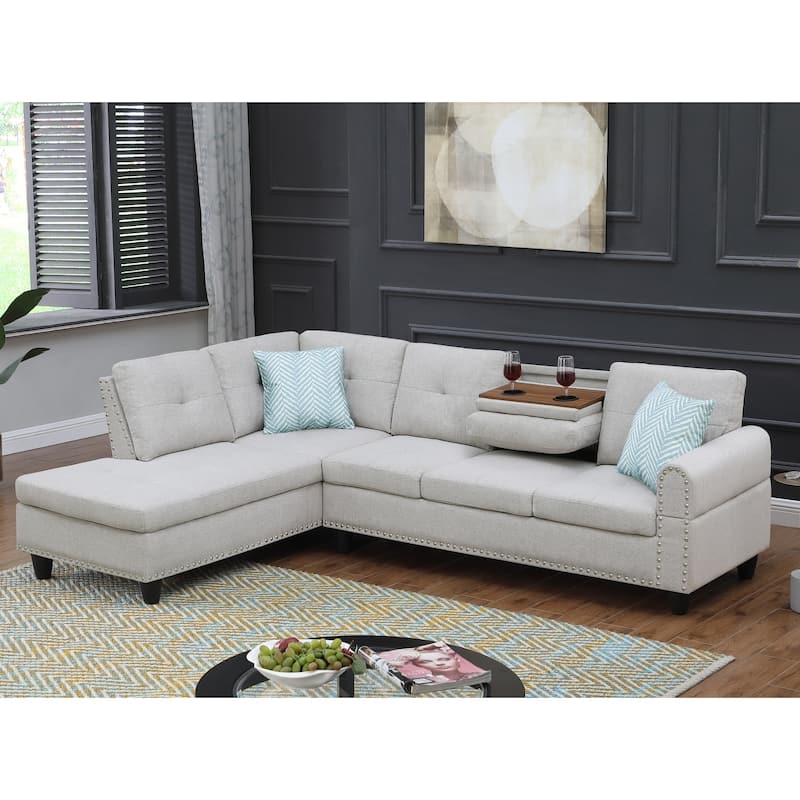 Modern Built-in Cup-holders Console Linen Sectional Sofa with 2 Pillows