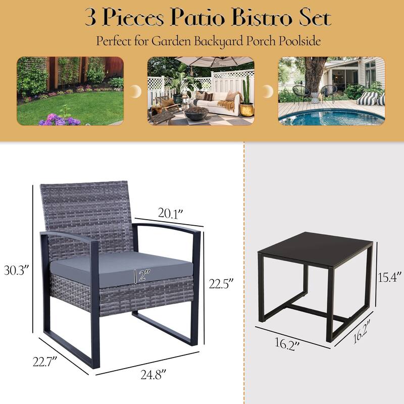3-PC Outdoor Wicker Conversation Set w/ 2 Cushions, Glass Coffee Table