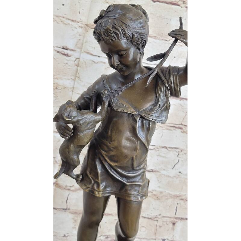 Young Girl Child Holding Kitten Imitative Cat - Bronze Sculpture Vintage Reproduction Art