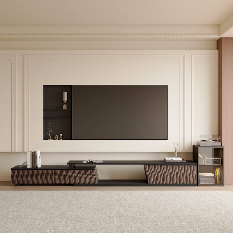 Retracted Extendable TV Stand Media Console In Stretch With 3-Drawers