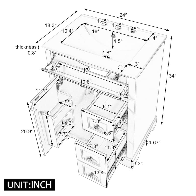 24" Bathroom Vanity with Sink, MDF & Pinewood Construction, 3 Drawers & Cabinet with 2-Tier Door Storage Rack, Soft-Close