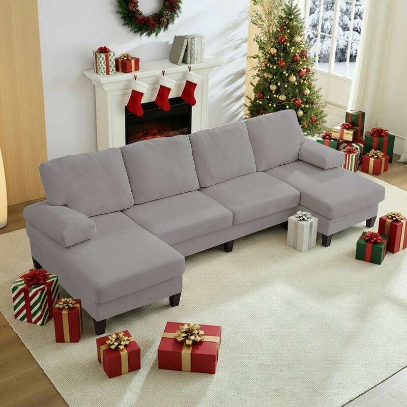 Mixoy W110"Velvet U-Shaped Sectional Sofa Couches,Upholstered 4-Seater Sofa with Double Chaises and Sleepable Armrest - Light Grey - Symmetrical