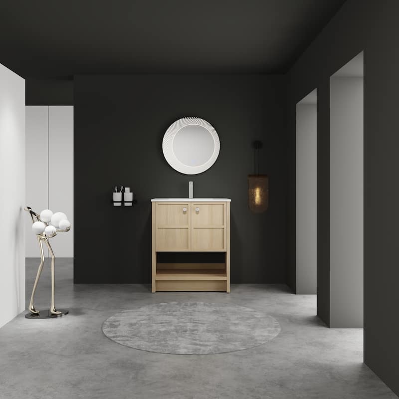 GDFStudio - Bergen Modern Minimalist Freestanding Bathroom Vanity Cabinet with Ceramic Sink, Soft Close Doors& Open Shelf - 30"