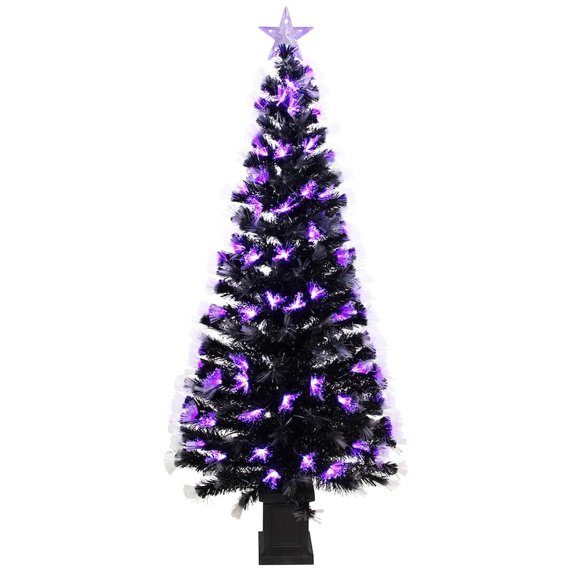 8-function Fiber Optic Artificial Pine Potted Halloween Tree - 6' - Black - Orange and Purple LED - 6-to-7-feet