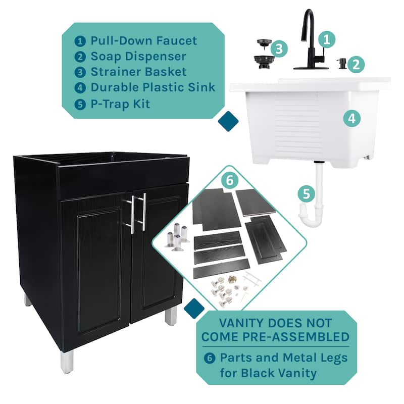 TEHILA Black Utility Sink Cabinet, High Arc Faucet, Soap Dispenser