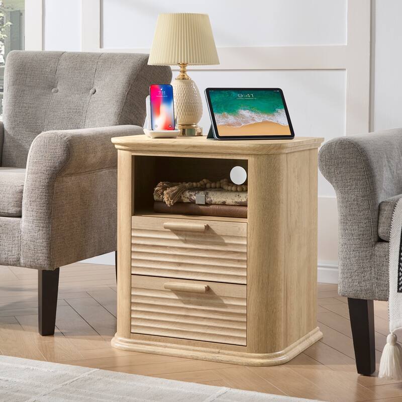 22" Fluted Night Stand with Charging Station, End Table with 2 Drawers & Open Storage, Side Tables Curved Profile Design