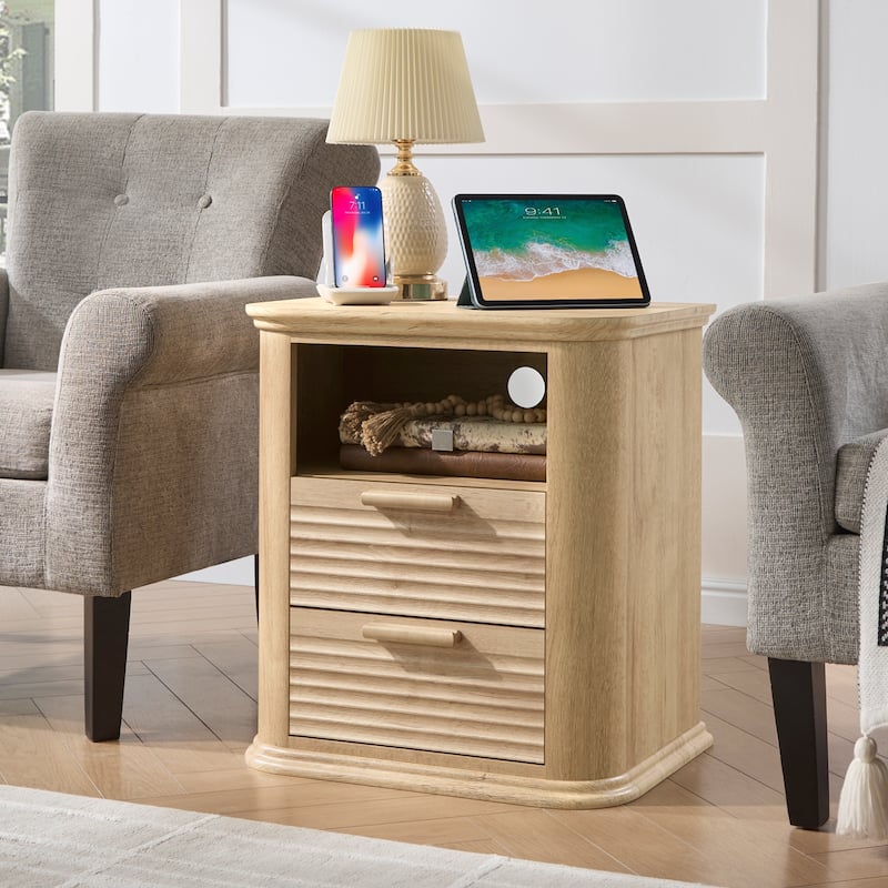 Modern End Table with 2 Drawers & Open Storage