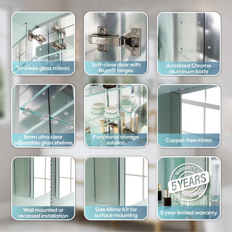 52"W X 30'H Bathroom Recessed or Surface Wall Mount Medicine Cabinet With Adjustable Glass Shelves