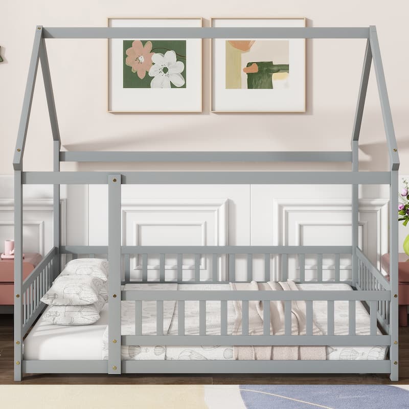 Full Size House Floor Wooden Bed with Roof Frame, Safety Guardrails,Grey - Grey