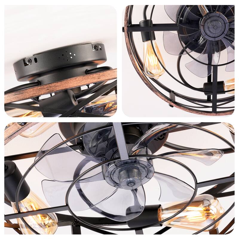 20 inch Flush Mount Ceiling Fan Light with Remote Caged Farmhouse Fandelier Black Wood Low Profile