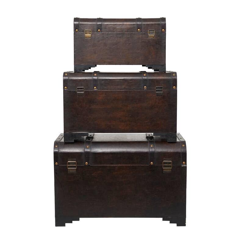 Brown Wooden Nesting Upholstered Decorative Trunk with Vintage Accents and Studs (Set of 3)