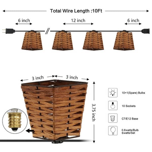 dimension image slide 0 of 2, Samara 10-Light Indoor/Outdoor 10 ft. Classic Vintage Incandescent G40 Square Bamboo Shaded String Lights, Brown , by JONATHAN Y