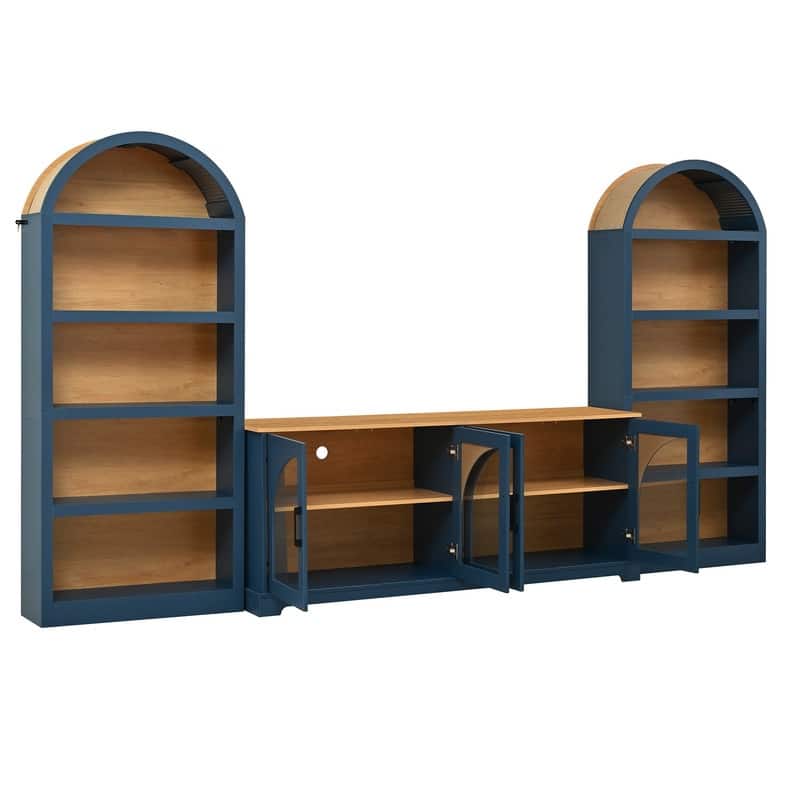 Farmhouse 3-Piece TV Stand Set for TVs Up to 70", Entertainment Center with Arched Sideboard and Glass Doors for Living Room