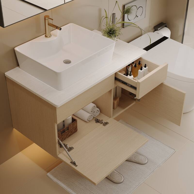 Modern Floating Bathroom Vanity with Ceramic Vessel Sink, Wall-Mounted Solid Wood Bathroom Cabinet with Soft-Close Drawers
