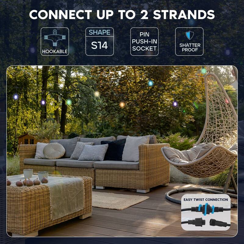 Luxrite 48FT LED RGBW Outdoor String Lights, Remote Control, Commercial Grade, 24 Edison S14 Shatterproof Bulbs, IP65 - 48 FT