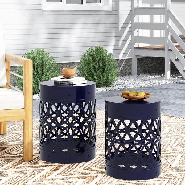 slide 2 of 32, Metal Cylindrical Coffee Table, 2-Piece Side Table Set, Plant Stand with Overlapping Circle Iron-cut Design for Balcony Navy Blue