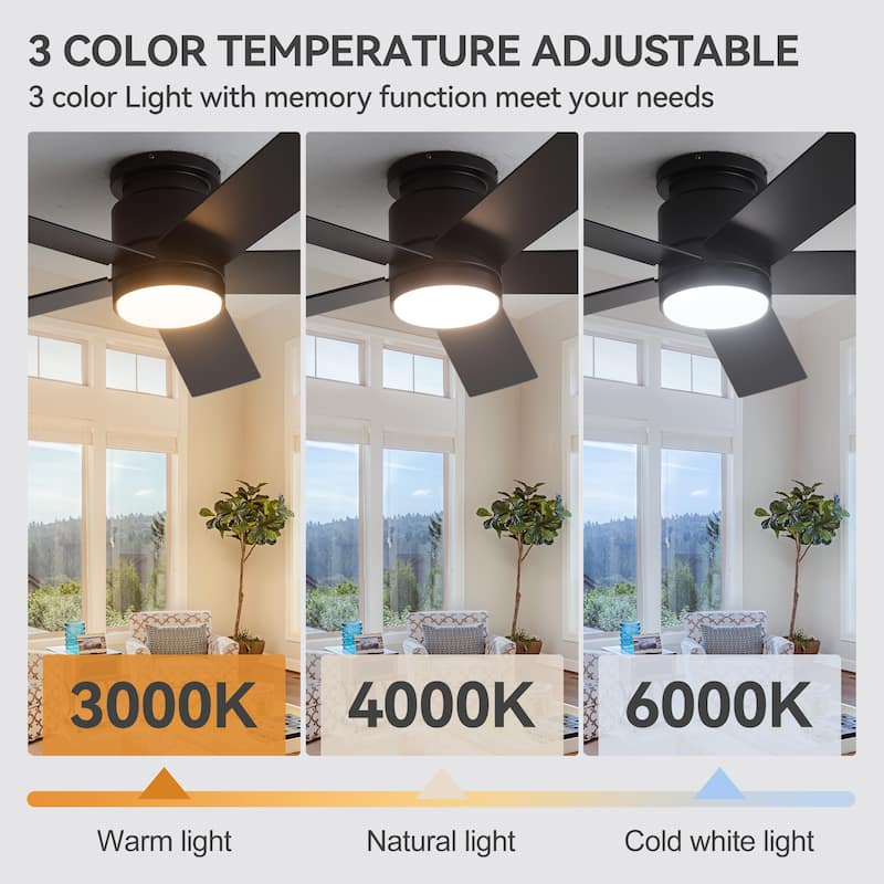 42"/52" Modern Black Flush Mount Ceiling Fan with LED Light and Remote