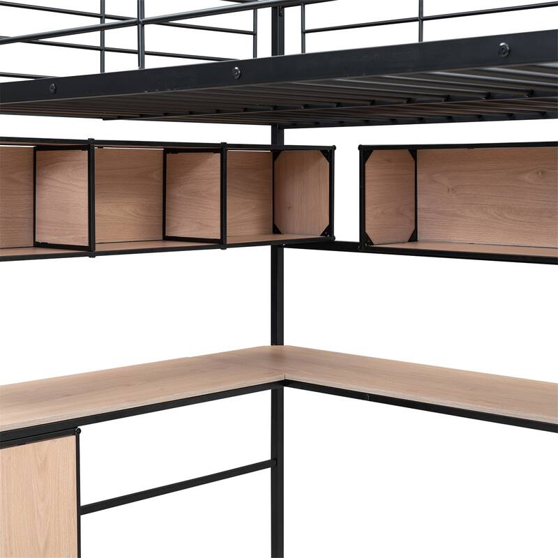 Merax Metal Loft Bed with bookcase, desk and cabinet