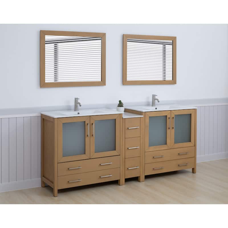 Vanity Art 84" Double Sink Bathroom Vanity Set 7 Dove-Tailed Drawers, 3 Cabinets, 2 Shelves, Soft-Closing Doors with Free Mirror