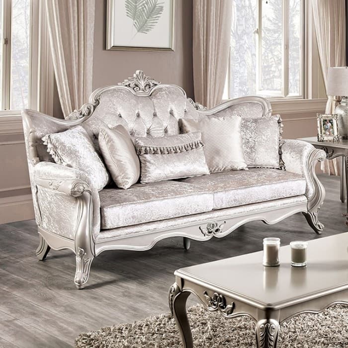 Furniture of America Clarissa Traditional 3-Seater Sofa with Button Tufted Back and Accent Pillow - Off-White