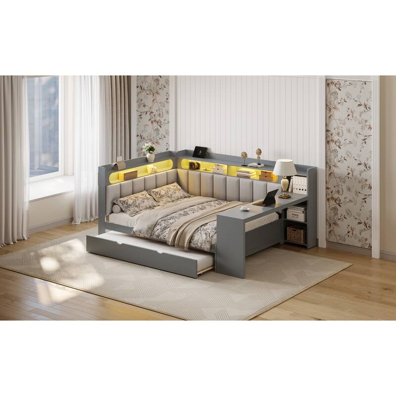 Roomfitters Full Daybed with Trundle, Charging Station and Upholstered Headboard