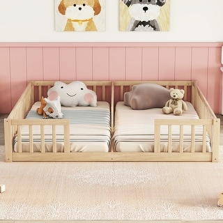 Kids Double Twin Size Floor Bed Frame with Guardrails, Natural