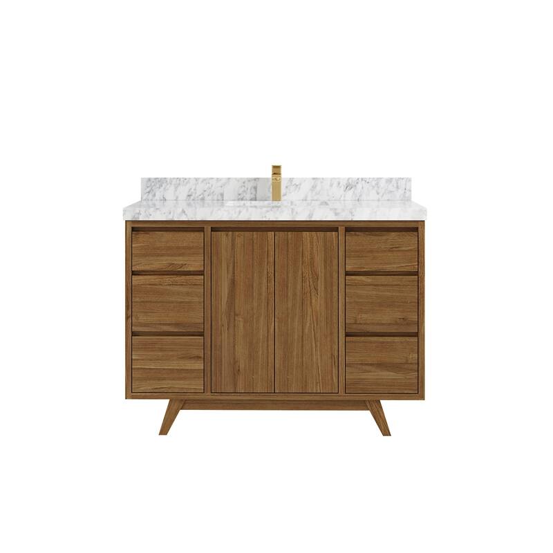 Willow Collections 48 in. W x 22 in. D Madison Teak Single Sink Bathroom Vanity with Countertop - 2" Carrara Marble - Golden Teak